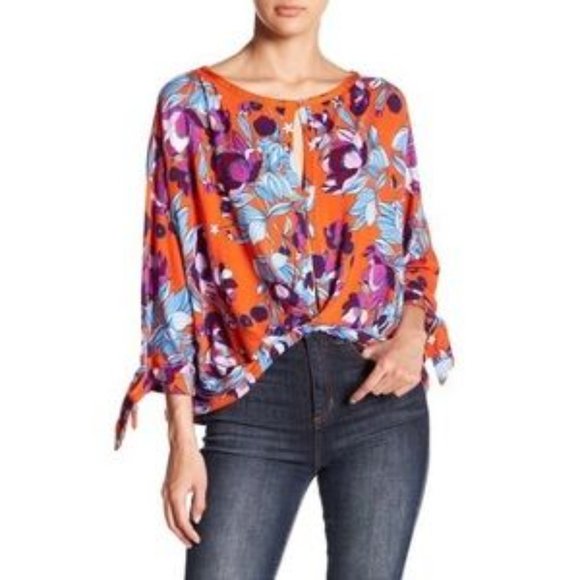 Free People Keepin On Orange Floral Top-Size Medium - Picture 2 of 8